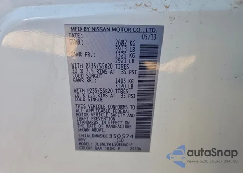 2013 Infiniti Jx35 z USA, uszkodzony, nr VIN 5N1AL0MM9DC350574